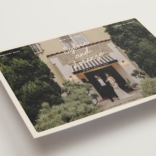 This is a cream save the date with standard by Ellen Schlegelmilch called sylvia printing on recycled smooth signature in grand