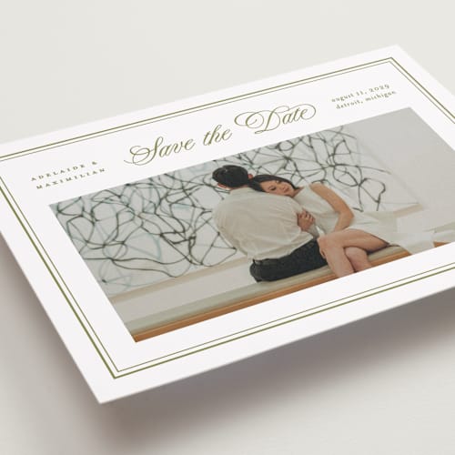 This is a olive save the date with standard by Ellen Schlegelmilch called museo printing on recycled smooth signature in grand