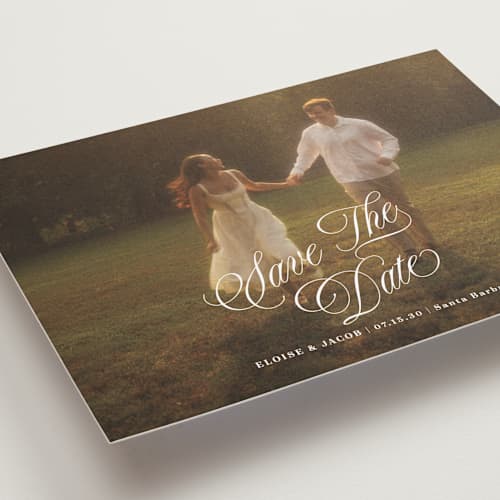 This is a ivory save the date with standard by Shirley Lin Schneider called classic romanticism printing on recycled smooth signature in grand