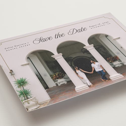 This is a golden save the date with standard by Pink House Press called notched up printing on recycled smooth signature in grand