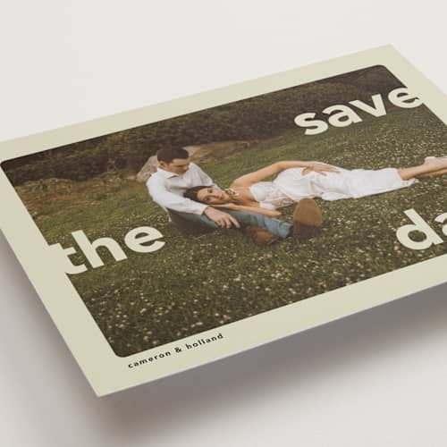 This is a mint save the date with standard by Lori Wemple called save.the.date printing on recycled smooth signature in grand