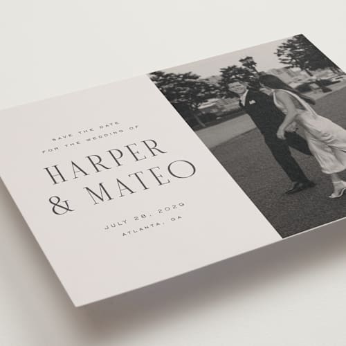 This is a sandstone save the date with standard by Nicole Walsh called close-up printing on recycled smooth signature in grand