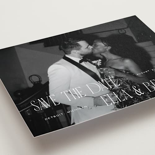 This is a snow save the date with standard by Pixel and Hank called gaze printing on recycled smooth signature in grand