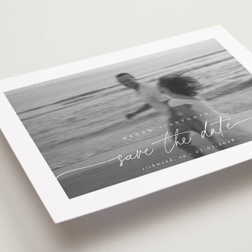 This is a ivory save the date with standard by Pippa Shaw called gaussian printing on recycled smooth signature in grand