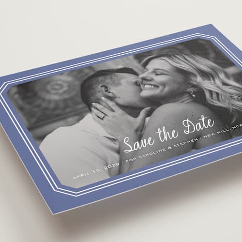 This is a blueberry save the date with standard by Carolyn MacLaren called deluxe printing on recycled smooth signature in grand