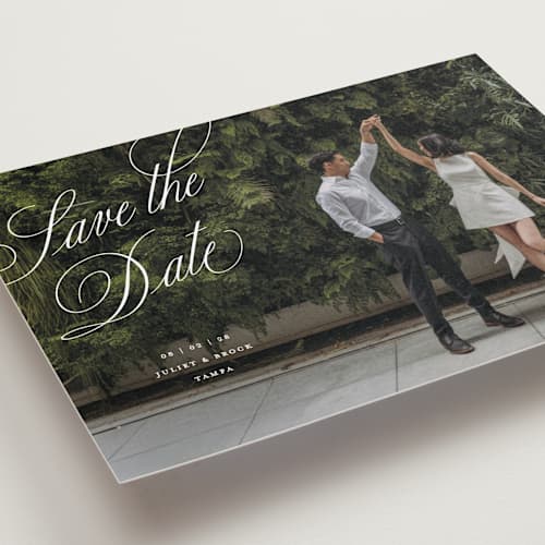 This is a pearl save the date with standard by Pixel and Hank called enamored printing on recycled smooth signature in grand