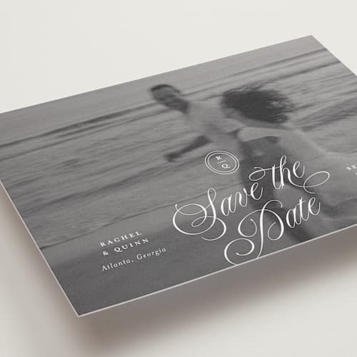 This is a ivory save the date with standard by Paper Raven Co. called vintage romance printing on recycled smooth signature in grand