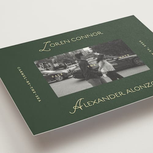 This is a citrus save the date with standard by Angela Quan called grid printing on recycled smooth signature in grand