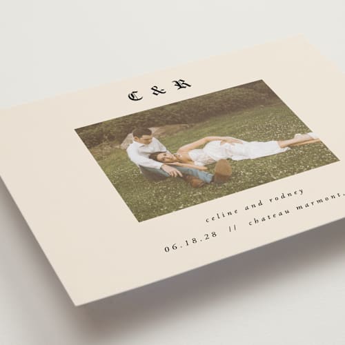 This is a ecru save the date with standard by AK Graphics called marmont printing on recycled smooth signature in grand