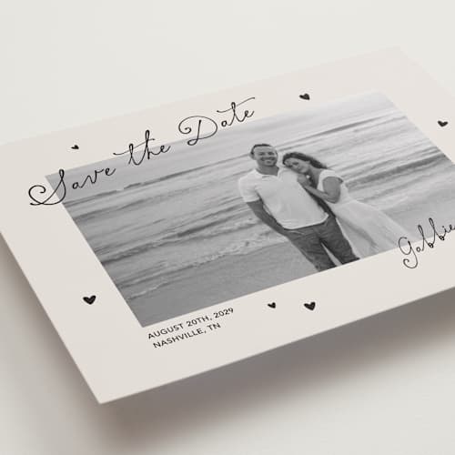 This is a vintage save the date with standard by Kelly Watkins called felicity printing on recycled smooth signature in grand