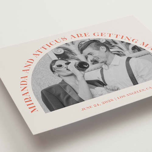 This is a persimmon save the date with standard by Sarah Cohn called surrounding printing on recycled smooth signature in grand