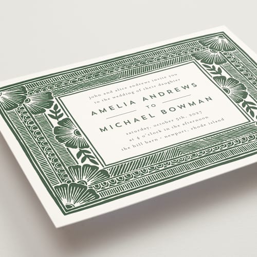 This is a fern wedding invitations with standard by Katharine Watson called block print frame printing on signature in grand