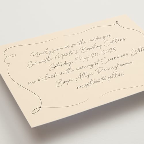 This is a champagne wedding invitations with standard by Wallace Design Co. called french whimsy script printing on signature in grand