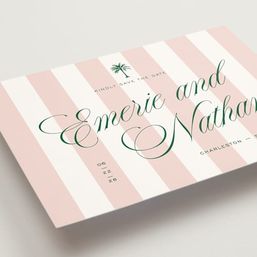 This is a taffy save the date with standard by Susan Zinader called palm stripes printing on signature in grand