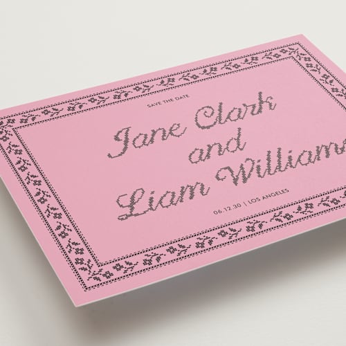 This is a bubblegum save the date with standard by Kelly Watkins called avery printing on signature in grand