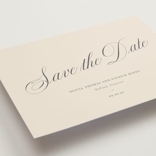 This is a champagne save the date with standard by Sara Hicks Malone called belle meade printing on signature in grand