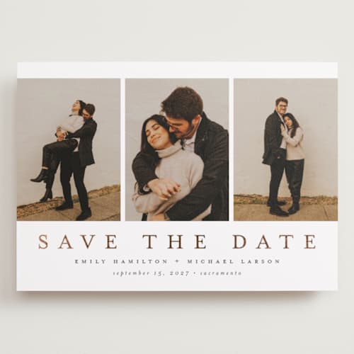 This is a lace foil stamped save the date cards with foil pressed by Nicole Walsh called elegant trio printing on recycled smooth signature in grand