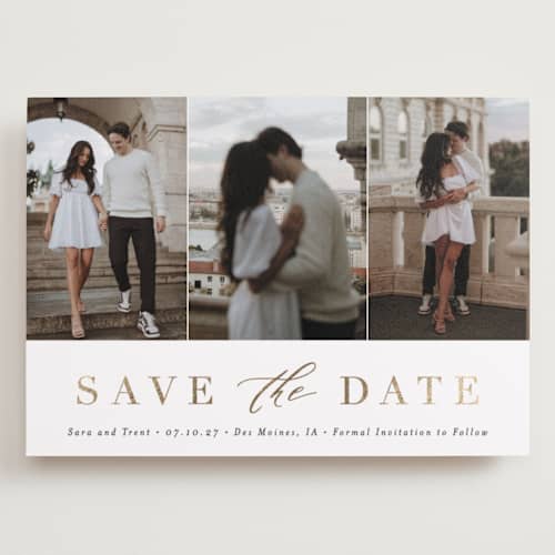 This is a eclipse foil stamped save the date cards with foil pressed by Andrea Cernin called minimal elegance printing on recycled smooth signature in grand