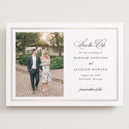 This is a snow foil stamped save the date cards with foil pressed by Sarah Brown called traditionally printing on recycled smooth signature in grand