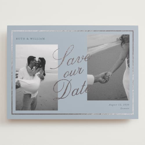 This is a french blue foil stamped save the date cards with foil pressed by Brianne Larsen called timeless love printing on recycled smooth signature in grand
