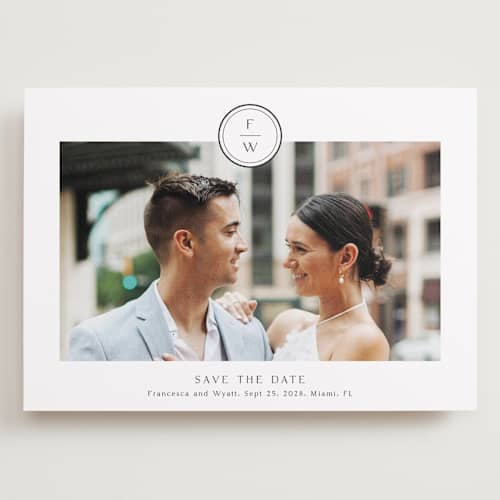 This is a cotton save the date with standard by Stacey Meacham called circle monogram printing on recycled smooth signature in grand