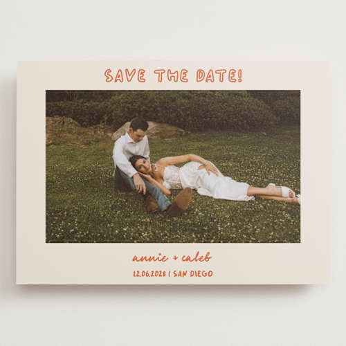 This is a hibiscus save the date with standard by Stephanie Heinrich Godbout called modern outline printing on recycled smooth signature in grand