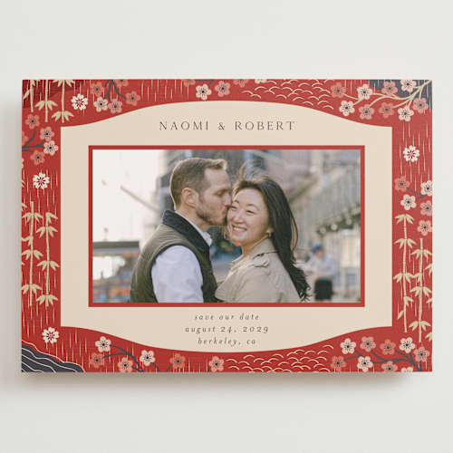 This is a rose save the date with standard by Jennifer Holbrook called japanese textile printing on recycled smooth signature in grand