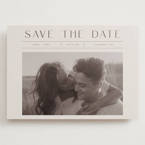 This is a mist save the date with standard by Christy Hy Lee called you and me printing on recycled smooth signature in grand