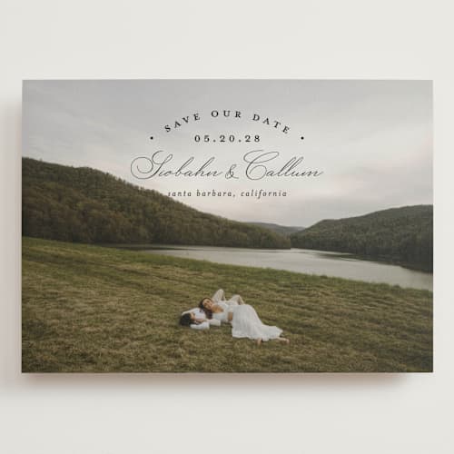 This is a onyx save the date with standard by Erica Krystek called arched type printing on recycled smooth signature in grand