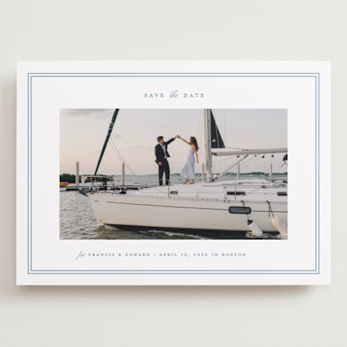 This is a ocean save the date with standard by Carolyn MacLaren called boathouse printing on recycled smooth signature in grand