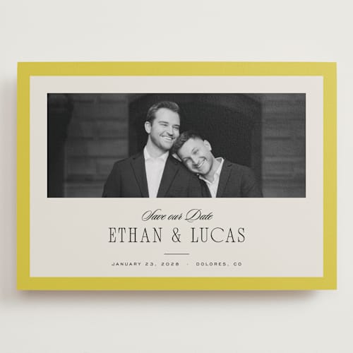 This is a citron save the date with standard by Blustery August called mille-feuille printing on recycled smooth signature in grand