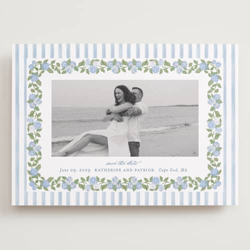 This is a ocean save the date with standard by Creo Study called pillowy border printing on recycled smooth signature in grand
