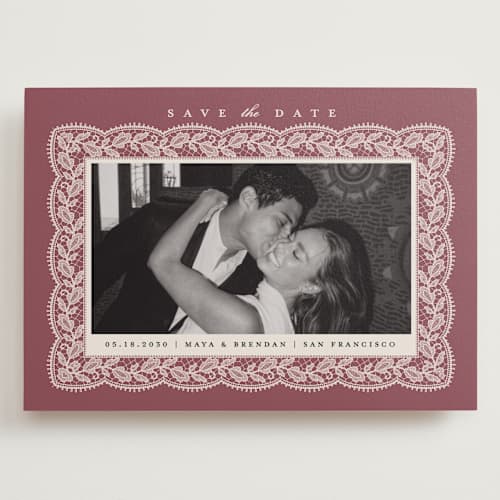 This is a mauve save the date with standard by Erica Krystek called chantilly printing on recycled smooth signature in grand