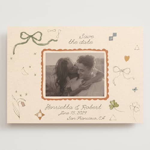 This is a magic save the date with standard by Sumak Studio called pure magic printing on recycled smooth signature in grand