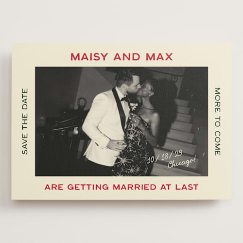 This is a pizzeria save the date with standard by Ani Somi called trattoria printing on recycled smooth signature in grand