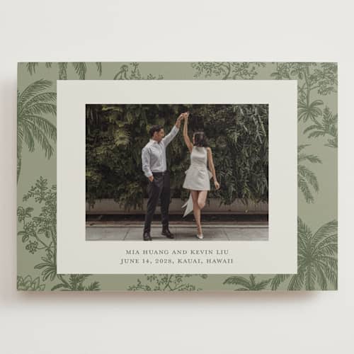 This is a jungle save the date with standard by Jenna Holcomb called tropicale printing on recycled smooth signature in grand