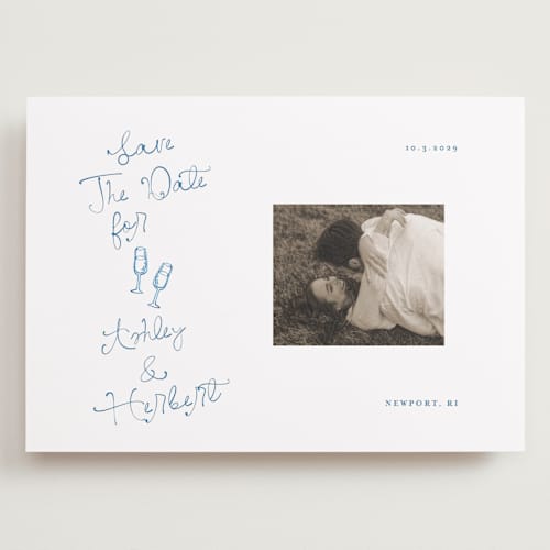 This is a cerulean save the date with standard by Tamara Hilje called positano printing on recycled smooth signature in grand