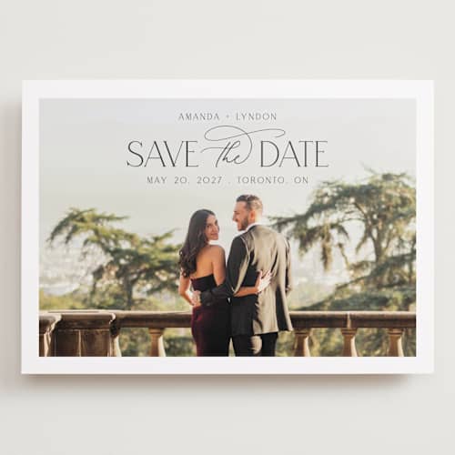 This is a cloud save the date with standard by Nicole Walsh called flourish printing on recycled smooth signature in grand