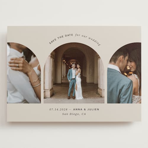 This is a sand save the date with standard by Kristin Oliversen called pure elegance printing on recycled smooth signature in grand