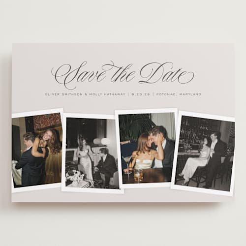 This is a creme save the date with standard by Erin L. Wilson called simple snapshots printing on recycled smooth signature in grand