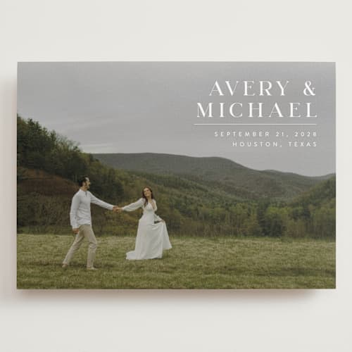 This is a ivory save the date with standard by Juneau Designs called hold tight printing on recycled smooth signature in grand