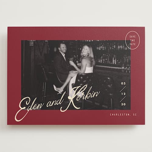 This is a campari save the date with standard by Susan Zinader called cocktail hour printing on recycled smooth signature in grand