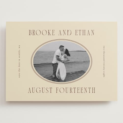 This is a buttercream save the date with standard by Angela Garrick called ethan printing on recycled smooth signature in grand