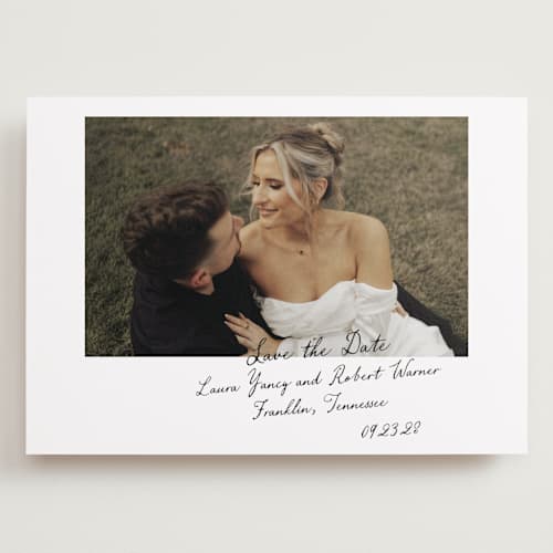 This is a snow save the date with standard by Sara Hicks Malone called vintage script printing on recycled smooth signature in grand