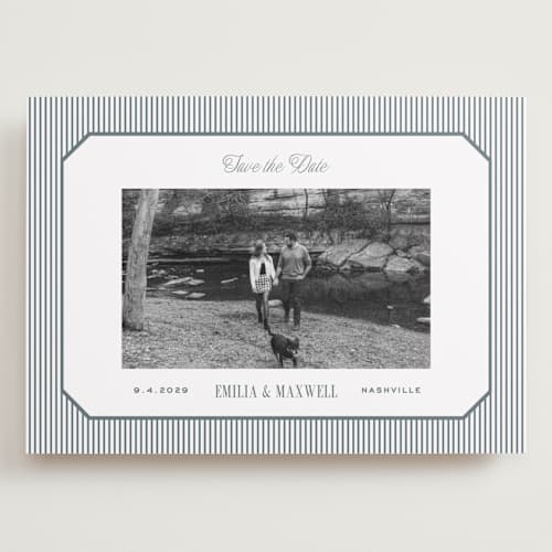 This is a capri save the date with standard by Emily Betts called modern stripes printing on recycled smooth signature in grand