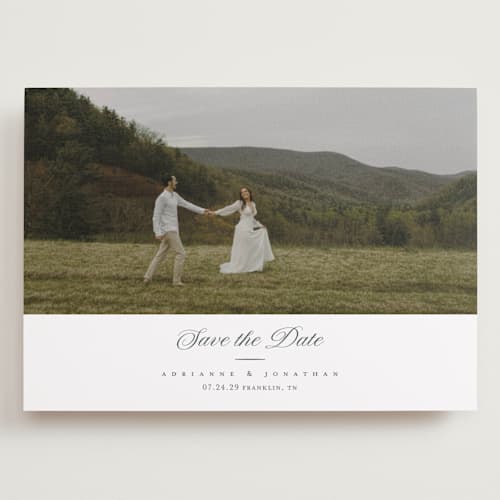 This is a chiffon save the date with standard by Eric Clegg called together always printing on recycled smooth signature in grand