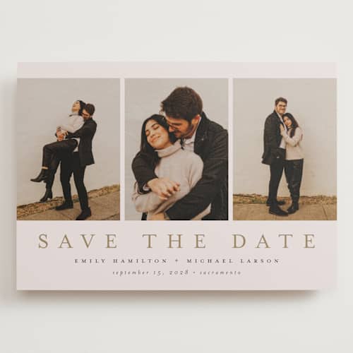 This is a sand save the date with standard by Nicole Walsh called elegant trio printing on recycled smooth signature in grand