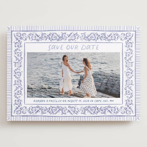This is a cerulean save the date with standard by Jenna Holcomb called provincial printing on recycled smooth signature in grand