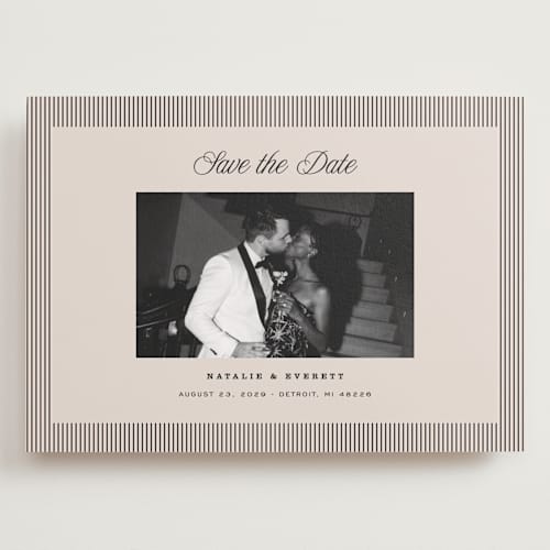 This is a noir save the date with standard by Pixel and Hank called linea printing on recycled smooth signature in grand