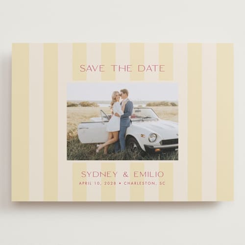 This is a lemon save the date with standard by Ellen Schlegelmilch called palmetto printing on recycled smooth signature in grand
